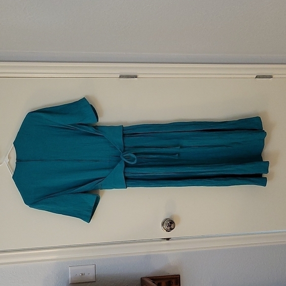 VTG LADY DORBY 1980s Teal Tie Back Broomstick 2Fer Land Girl Power Dress - Picture 6 of 10